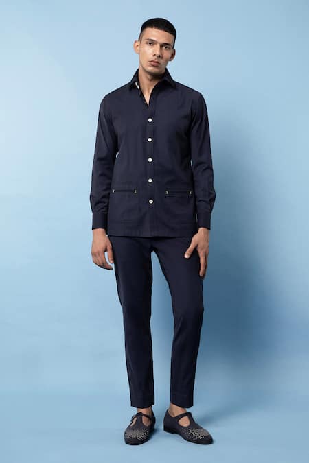 Rohit Gandhi + Rahul Khanna Blue Cotton Plain Solid Jacket