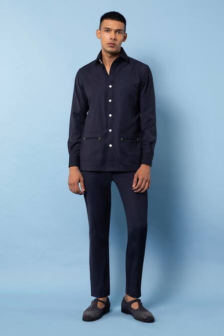 Rohit Gandhi + Rahul Khanna Blue Cotton Plain Solid Jacket Online at Aza Fashions Rohit Gandhi + Rahul Khanna_Blue Cotton Plain Solid Jacket _Online_at_Aza_Fashions