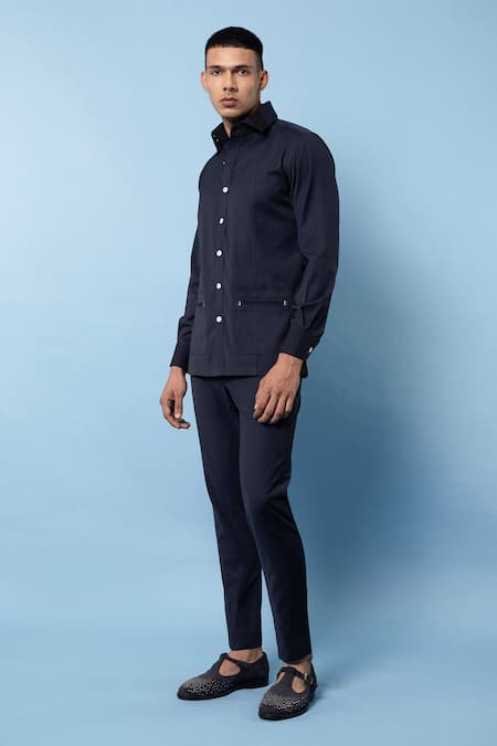 Shop Rohit Gandhi + Rahul Khanna Blue Cotton Plain Solid Jacket Online at Aza Fashions Shop_Rohit Gandhi + Rahul Khanna_Blue Cotton Plain Solid Jacket _Online_at_Aza_Fashions