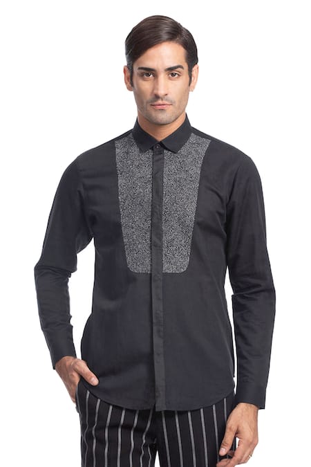 Rohit Gandhi + Rahul Khanna Black Cotton Embroidery Thread Shirt 