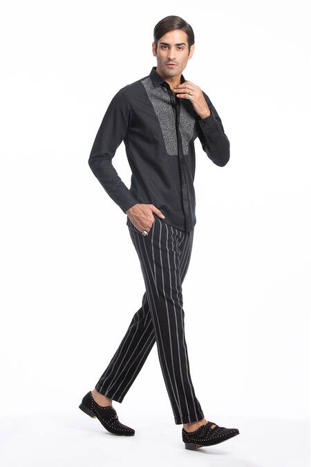 Rohit Gandhi + Rahul Khanna_Black Cotton Embroidery Thread Shirt_Online_at_Aza_Fashions