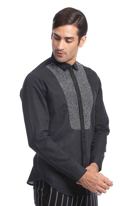 Buy_Rohit Gandhi + Rahul Khanna_Black Cotton Embroidery Thread Shirt_Online_at_Aza_Fashions