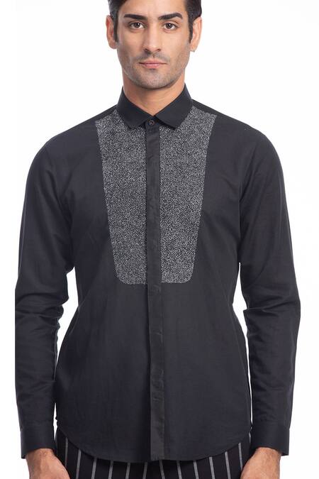 Shop_Rohit Gandhi + Rahul Khanna_Black Cotton Embroidery Thread Shirt_Online_at_Aza_Fashions