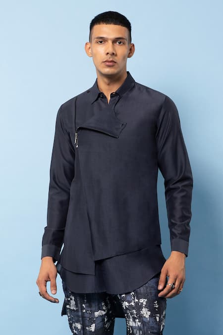 Rohit Gandhi + Rahul Khanna Blue Linen Shirt Kurta Online at Aza Fashions Rohit Gandhi + Rahul Khanna_Blue Linen Shirt Kurta _Online_at_Aza_Fashions