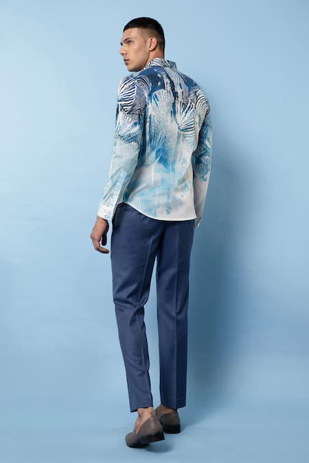 Shop Rohit Gandhi + Rahul Khanna Blue Chanderi Tropical Print Shirt at Aza Fashions Shop_Rohit Gandhi + Rahul Khanna_Blue Chanderi Tropical Print Shirt _at_Aza_Fashions