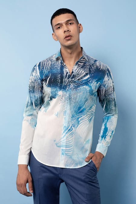 Rohit Gandhi + Rahul Khanna Blue Chanderi Tropical Print Shirt Online at Aza Fashions Rohit Gandhi + Rahul Khanna_Blue Chanderi Tropical Print Shirt _Online_at_Aza_Fashions