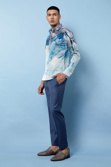 Buy Rohit Gandhi + Rahul Khanna Blue Chanderi Tropical Print Shirt Online at Aza Fashions Buy_Rohit Gandhi + Rahul Khanna_Blue Chanderi Tropical Print Shirt _Online_at_Aza_Fashions