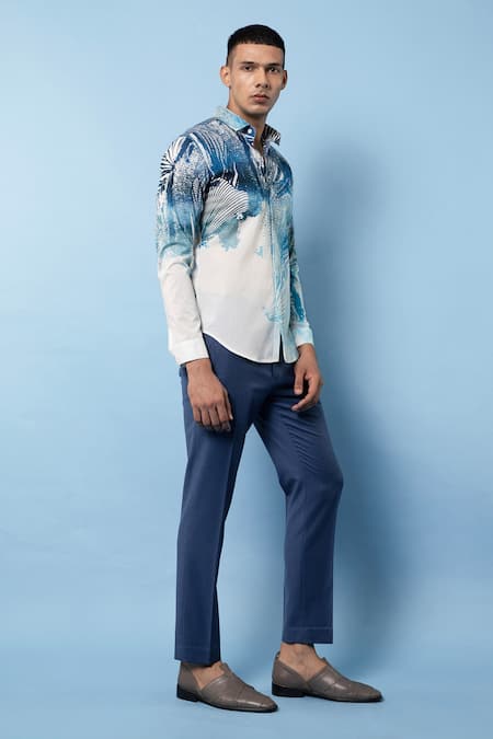 Shop Rohit Gandhi + Rahul Khanna Blue Chanderi Tropical Print Shirt Online at Aza Fashions Shop_Rohit Gandhi + Rahul Khanna_Blue Chanderi Tropical Print Shirt _Online_at_Aza_Fashions