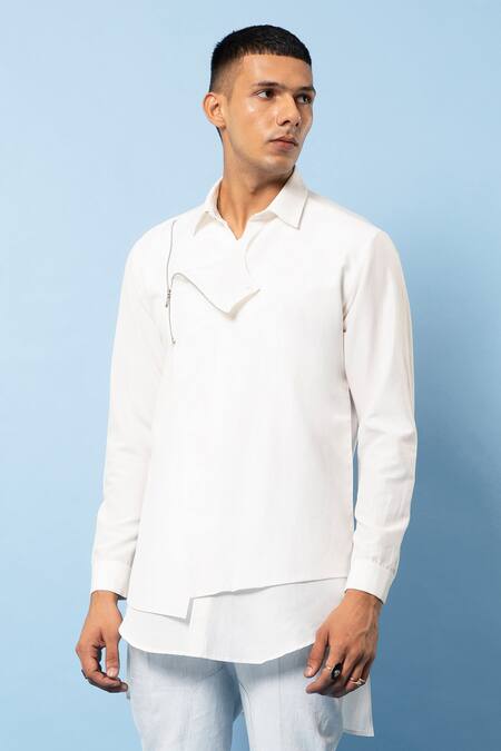 Rohit Gandhi + Rahul Khanna White Cotton Double Layered Overlap Shirt Online at Aza Fashions Rohit Gandhi + Rahul Khanna_White Cotton Double Layered Overlap Shirt _Online_at_Aza_Fashions