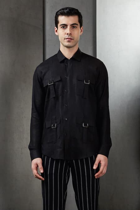 Rohit Gandhi + Rahul Khanna Black Linen Full Sleeve Shirt Online at Aza Fashions Rohit Gandhi + Rahul Khanna_Black Linen Full Sleeve Shirt _Online_at_Aza_Fashions