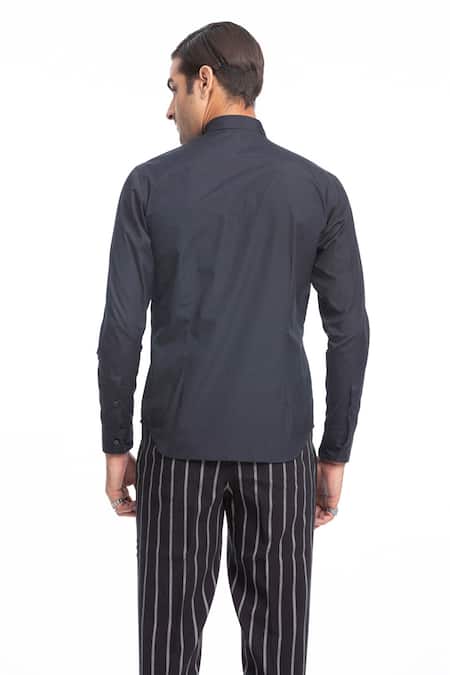 Shop Rohit Gandhi + Rahul Khanna Blue Cotton Embroidery Leather Applique Shirt at Aza Fashions Shop_Rohit Gandhi + Rahul Khanna_Blue Cotton Embroidery Leather Applique Shirt _at_Aza_Fashions