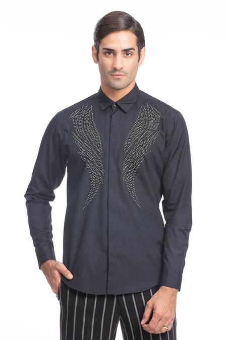 Rohit Gandhi + Rahul Khanna Blue Cotton Embroidery Leather Applique Shirt Online at Aza Fashions Rohit Gandhi + Rahul Khanna_Blue Cotton Embroidery Leather Applique Shirt _Online_at_Aza_Fashions