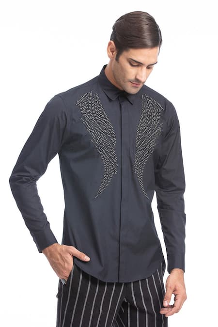 Shop Rohit Gandhi + Rahul Khanna Blue Cotton Embroidery Leather Applique Shirt Online at Aza Fashions Shop_Rohit Gandhi + Rahul Khanna_Blue Cotton Embroidery Leather Applique Shirt _Online_at_Aza_Fashions