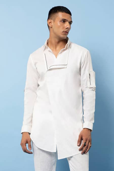Rohit Gandhi + Rahul Khanna White Cotton Asymmetric Shirt Online at Aza Fashions Rohit Gandhi + Rahul Khanna_White Cotton Asymmetric Shirt _Online_at_Aza_Fashions