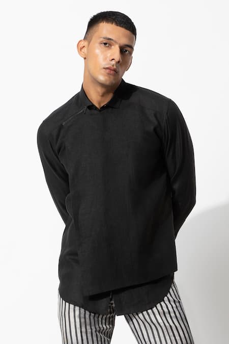 Rohit Gandhi + Rahul Khanna_Black Linen Double Layered Shirt _Online_at_Aza_Fashions