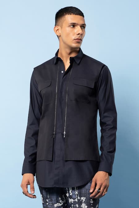 Rohit Gandhi + Rahul Khanna Blue Cotton Colorblock Shirt Online at Aza Fashions Rohit Gandhi + Rahul Khanna_Blue Cotton Colorblock Shirt _Online_at_Aza_Fashions