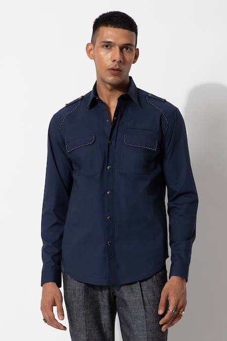 Rohit Gandhi + Rahul Khanna Blue Cotton Full Sleeve Shirt Online at Aza Fashions Rohit Gandhi + Rahul Khanna_Blue Cotton Full Sleeve Shirt _Online_at_Aza_Fashions