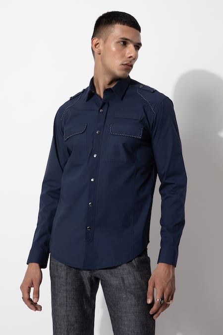 Shop Rohit Gandhi + Rahul Khanna Blue Cotton Full Sleeve Shirt Online at Aza Fashions Shop_Rohit Gandhi + Rahul Khanna_Blue Cotton Full Sleeve Shirt _Online_at_Aza_Fashions