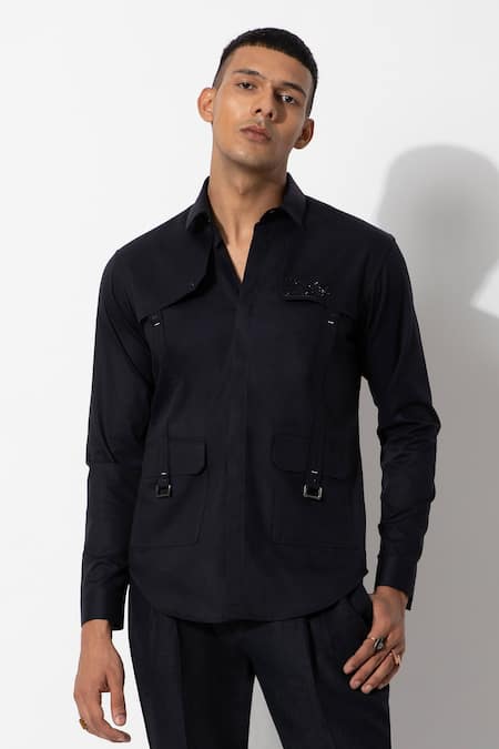 Rohit Gandhi + Rahul Khanna_Blue Cotton Solid Shirt _Online_at_Aza_Fashions