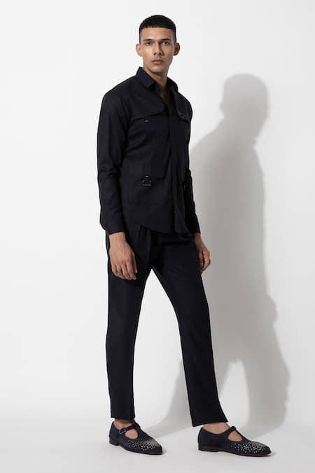 Shop_Rohit Gandhi + Rahul Khanna_Blue Cotton Solid Shirt _Online_at_Aza_Fashions