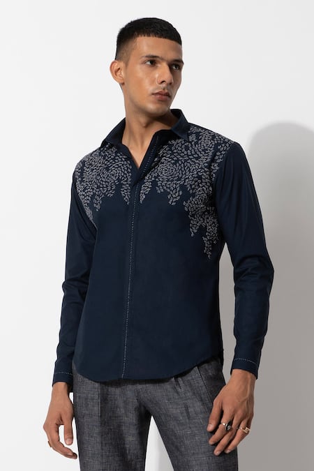 Rohit Gandhi + Rahul Khanna Blue Cotton Embroidery Thread Shirt Online at Aza Fashions Rohit Gandhi + Rahul Khanna_Blue Cotton Embroidery Thread Shirt _Online_at_Aza_Fashions
