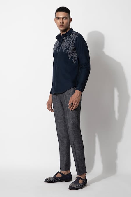 Buy Rohit Gandhi + Rahul Khanna Blue Cotton Embroidery Thread Shirt Online at Aza Fashions Buy_Rohit Gandhi + Rahul Khanna_Blue Cotton Embroidery Thread Shirt _Online_at_Aza_Fashions