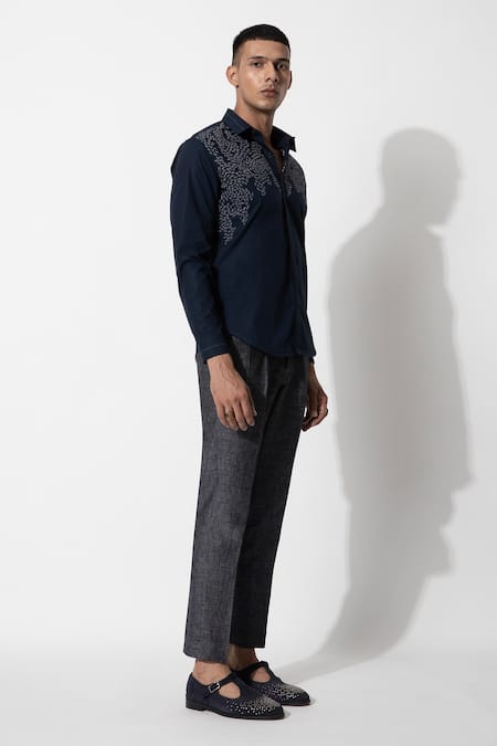 Shop Rohit Gandhi + Rahul Khanna Blue Cotton Embroidery Thread Shirt Online at Aza Fashions Shop_Rohit Gandhi + Rahul Khanna_Blue Cotton Embroidery Thread Shirt _Online_at_Aza_Fashions