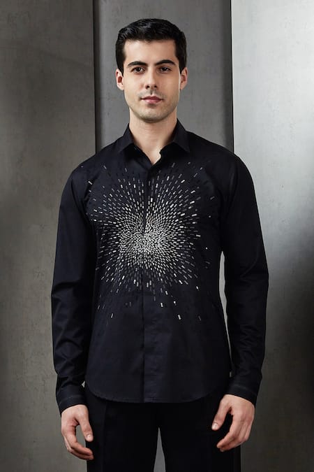 Rohit Gandhi + Rahul Khanna Black Cotton Embroidery Stardust Pattern Shirt Online at Aza Fashions Rohit Gandhi + Rahul Khanna_Black Cotton Embroidery Stardust Pattern Shirt _Online_at_Aza_Fashions