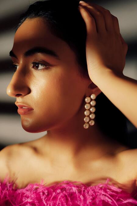 Anaash_White Pearl And Metal Drop Earrings_at_Aza_Fashions