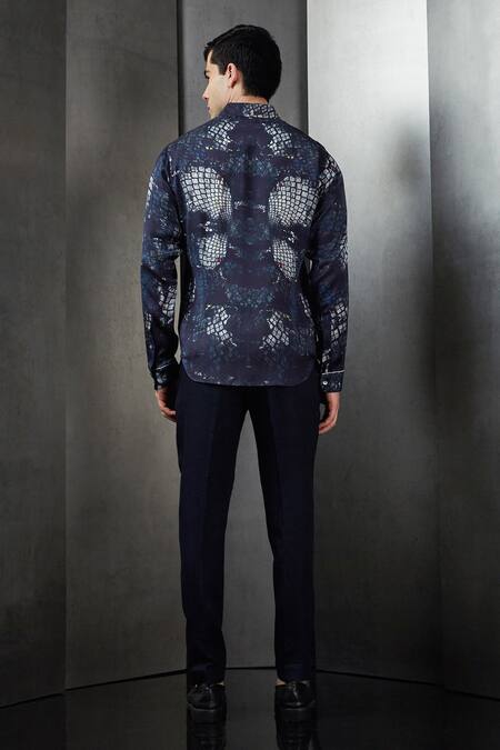 Shop Rohit Gandhi + Rahul Khanna Blue Viscose Rolling Square Print Shirt at Aza Fashions Shop_Rohit Gandhi + Rahul Khanna_Blue Viscose Rolling Square Print Shirt _at_Aza_Fashions