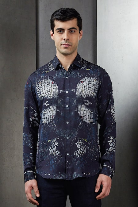 Rohit Gandhi + Rahul Khanna Blue Viscose Rolling Square Print Shirt Online at Aza Fashions Rohit Gandhi + Rahul Khanna_Blue Viscose Rolling Square Print Shirt _Online_at_Aza_Fashions