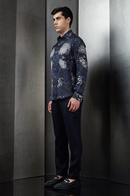 Buy Rohit Gandhi + Rahul Khanna Blue Viscose Rolling Square Print Shirt Online at Aza Fashions Buy_Rohit Gandhi + Rahul Khanna_Blue Viscose Rolling Square Print Shirt _Online_at_Aza_Fashions
