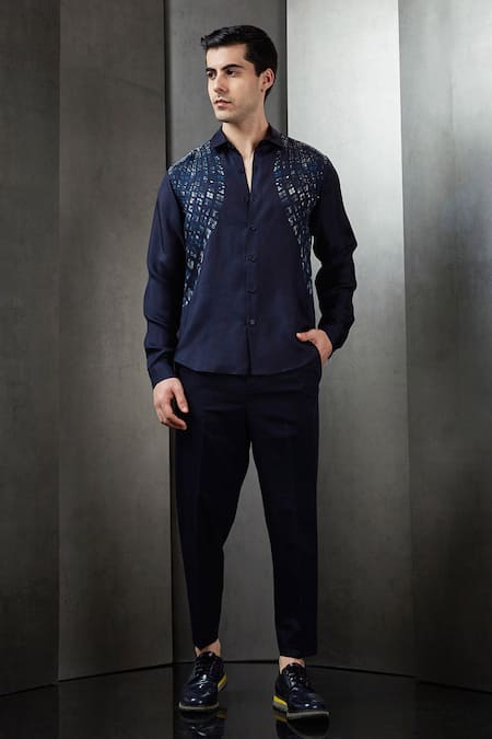 Rohit Gandhi + Rahul Khanna Blue Viscose Rolling Box Placement Print Shirt