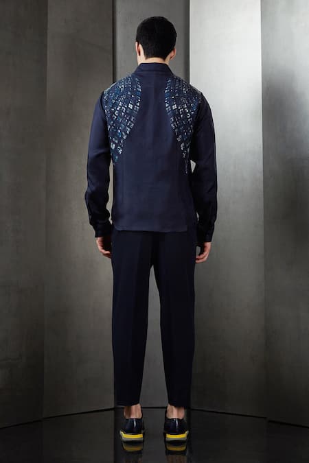 Shop Rohit Gandhi + Rahul Khanna Blue Viscose Rolling Box Placement Print Shirt at Aza Fashions Shop_Rohit Gandhi + Rahul Khanna_Blue Viscose Rolling Box Placement Print Shirt _at_Aza_Fashions