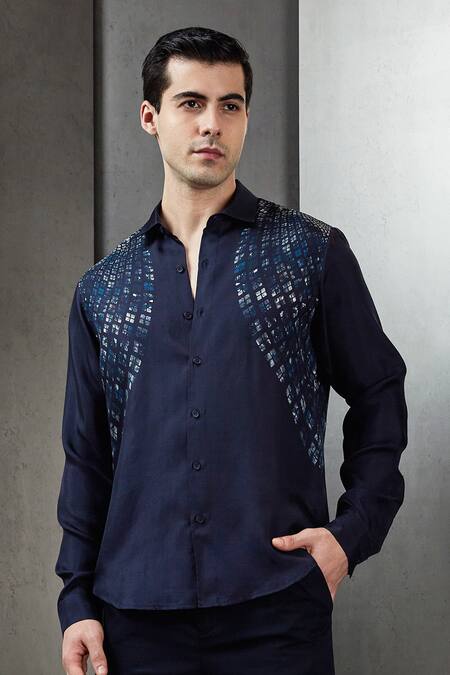 Rohit Gandhi + Rahul Khanna Blue Viscose Rolling Box Placement Print Shirt Online at Aza Fashions Rohit Gandhi + Rahul Khanna_Blue Viscose Rolling Box Placement Print Shirt _Online_at_Aza_Fashions
