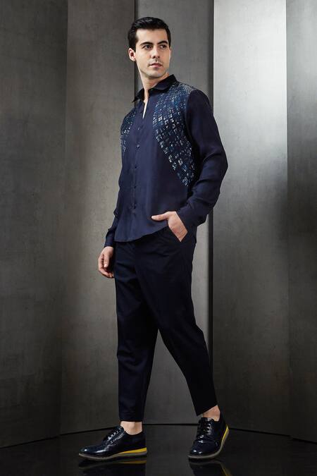 Buy Rohit Gandhi + Rahul Khanna Blue Viscose Rolling Box Placement Print Shirt Online at Aza Fashions Buy_Rohit Gandhi + Rahul Khanna_Blue Viscose Rolling Box Placement Print Shirt _Online_at_Aza_Fashions