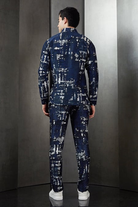 Shop Rohit Gandhi + Rahul Khanna Blue Silk Printed Shirt at Aza Fashions Shop_Rohit Gandhi + Rahul Khanna_Blue Silk Printed Shirt _at_Aza_Fashions