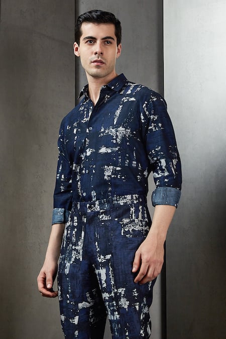 Rohit Gandhi + Rahul Khanna Blue Silk Printed Shirt Online at Aza Fashions Rohit Gandhi + Rahul Khanna_Blue Silk Printed Shirt _Online_at_Aza_Fashions
