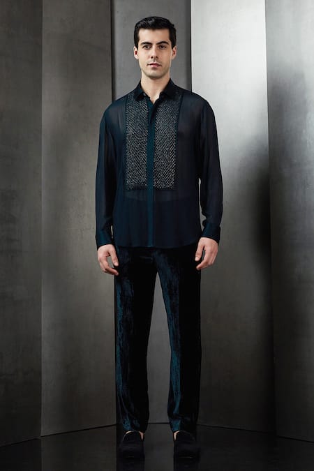 Rohit Gandhi + Rahul Khanna Crystal Hand Embroidered Placket Shirt 