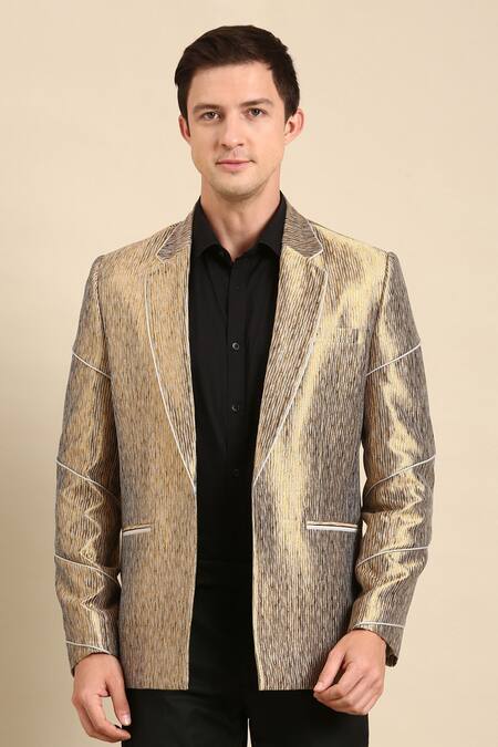 Mayank Modi - Men_Gold Silk, Jacquard Blazer For Kids_Online_at_Aza_Fashions