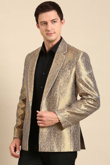 Shop_Mayank Modi - Men_Gold Silk, Jacquard Blazer For Kids_Online_at_Aza_Fashions