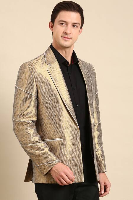 Mayank Modi - Men_Gold Silk, Jacquard Blazer For Kids_at_Aza_Fashions