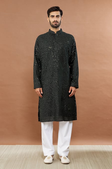 Aham-Vayam_Black , Satin Sequins Sunehara Embroidered Kurta Set _Online_at_Aza_Fashions