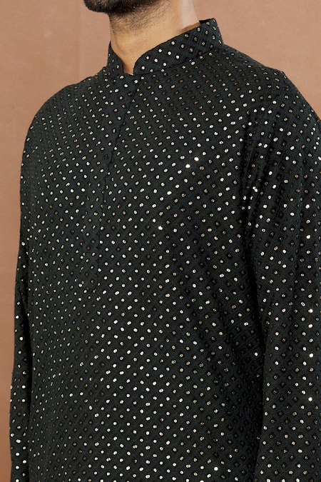 Shop_Aham-Vayam_Black , Satin Sequins Sunehara Embroidered Kurta Set _Online_at_Aza_Fashions