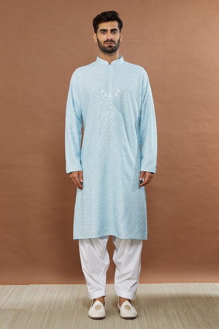 Aham-Vayam_Blue Cotton Sequins Utsav Embroidered Kurta And Patiala Set _Online_at_Aza_Fashions