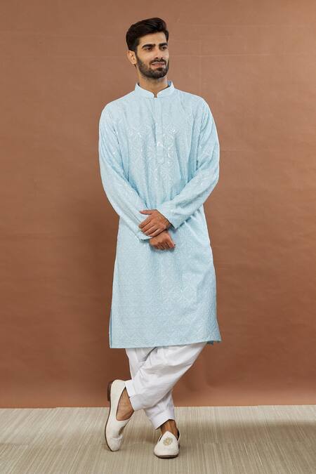 Buy_Aham-Vayam_Blue Cotton Sequins Utsav Embroidered Kurta And Patiala Set _Online_at_Aza_Fashions