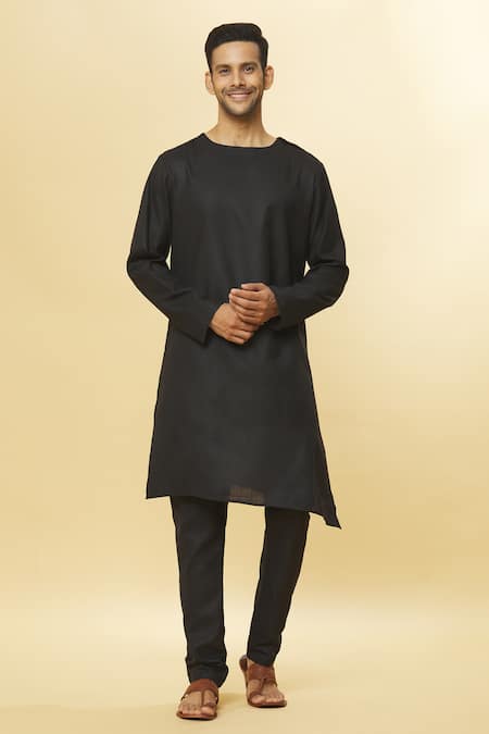 Aham-Vayam Black Cotton Tatvam Solid Kurta And Pyjama Set