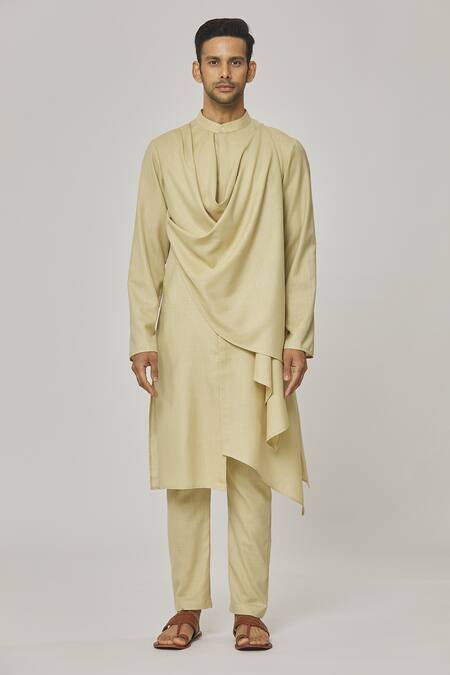 Buy_Aham-Vayam_Beige Cotton Tatvam Utsav Gathered Kurta And Pyjama Set _Online_at_Aza_Fashions