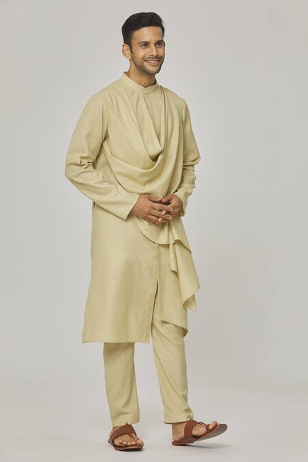 Aham-Vayam_Beige Cotton Tatvam Utsav Gathered Kurta And Pyjama Set _at_Aza_Fashions