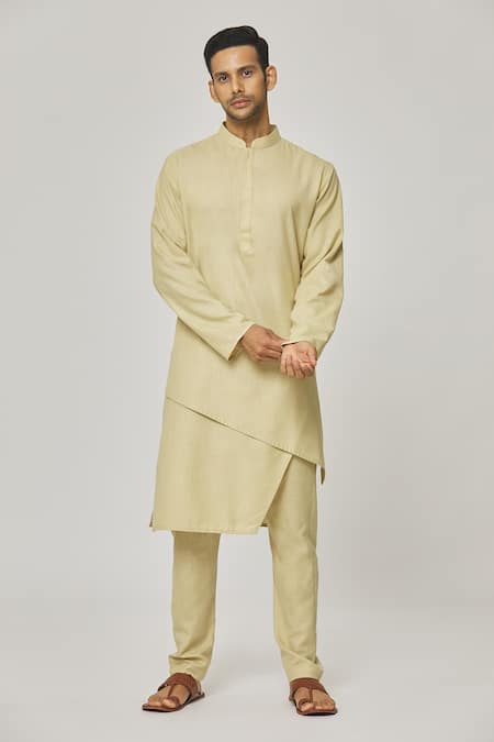 Aham-Vayam Beige Cotton Tatvam Akio Solid Kurta And Pyjama Set